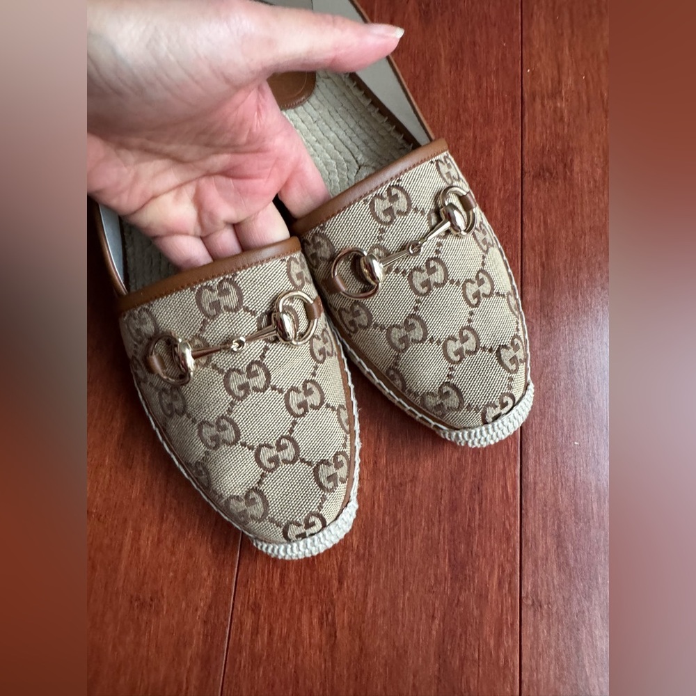 Gucci Pilar Horsebit GG Logo Print Espadrilles Flats Camel Ebony EU39.5 US 9.5 - Picture 7 of 13
